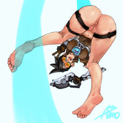 1girls anus asmo ass barefoot bent_over black_hair blizzard_entertainment brown_jacket dat_ass eyewear feet female female_only glasses gloves goggles gun holding_gun holding_weapon innie_pussy jacket leather_jacket overwatch pussy short_hair soles solo toes tracer v weapon