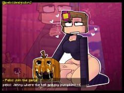 1futa balls big_breasts bottomless breasts brown_hair clothed clothing cock cum cum_in_pumpkin cum_inside dialogue erection fucking_pumpkin futa_only futanari gocktober huge_cock human jenny_belle_(slipperyt) jenny_odd_adventure kneeling light-skinned_futanari light_skin minecraft partially_clothed pelosdealgodon penis pumpkin pumpkin_masturbation remake rolling_eyes short_hair solo thick_thighs wide_hips