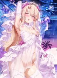 arm_up armpits belly_button blonde_hair blush body_blush breasts breasts_milk bride earrings elbow_gloves fate_(series) gloves holding_dress illyasviel_von_einzbern long_hair m-da_s-tarou medium_breasts necklace nipples no_bra no_panties open_mouth pregnant purple_eyes pussy_visible_through_clothes thighhighs thighs wedding_dress wedding_lingerie white_gloves white_thighhighs