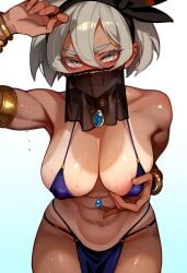 1girls abs ai_generated bare_arms bare_legs bare_shoulders bare_thighs bea_(pokemon) big_breasts blush clothed clothing color dancer_outfit dark-skinned_female dark_skin embarrassed face_veil female female_focus female_only fit_female game_freak grey_eyes grey_hair gym_leader hi_res large_breasts looking_at_viewer muscles muscular muscular_female nintendo nipples pokemon pokemon_ss pokemon_trainer short_hair solo solo_female sweat tagme thick_thighs veil