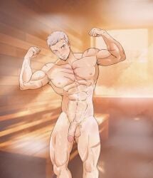 akihiko_sanada bara blush flexing_muscles heat naked_male persona persona_4_arena sauna solo_focus toned_male yaoi