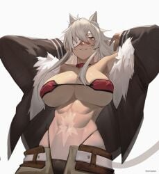 abs arms_up big_breasts bra breasts cat_ears cat_tail catgirl chilakkk cleavage clothed collar eyepatch ghislaine_dedoldia looking_at_viewer looking_down muscular muscular_female mushoku_tensei scar small_bra tan_body tanned_female thin_waist white_hair