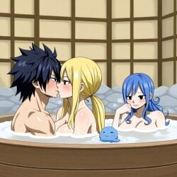 1boy 2girls ai_generated bathhouse black_hair blonde_hair blue_hair fairy_tail gray_fullbuster juvia_lockser lucy_heartfilia naked threesome throuple