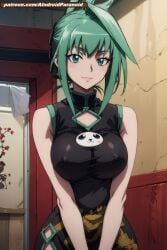 ai_generated aindroidparanoid ass big_ass big_breasts breasts dress green_eyes green_hair hips hourglass_figure huge_breasts narrow_waist nipples ponytail shaman shaman_king short_hair slim slim_waist stable_diffusion taller_girl tao_jun tight_clothing voluptuous wide_hips