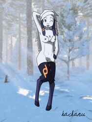 anthro blue_eyes breasts caprine female forest krisha_russel_(zeldrith) lamb looking_at_viewer mammal nipples nude one_eye_closed petite pose pussy sheep smile solo standing teenager tree white_fur white_hair wink winter zeldrith