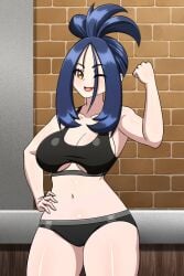 1girls black_bra black_hair black_panties bra breasts brick_wall dendra_(pokemon) hair_up hand_on_hip large_breasts looking_at_viewer midriff navel nintendo orange_eyes panties pokemon pokemon_sv winking_at_viewer yensh