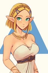 big_breasts blonde_hair green_eyes necklace pointy_ears princess_zelda raichiyo33 short_hair simple_background tears_of_the_kingdom the_legend_of_zelda white_dress zelda_(tears_of_the_kingdom)