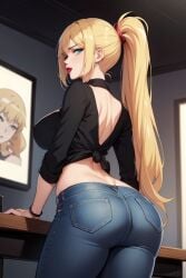 1girls ai_generated ass ass_focus babysitter back back_view backside big_butt black_shirt blonde_hair blue_eyes bracelet brazilian breasts clothed clothed_female female female_only hand_on_table huge_ass huge_butt imminent_sex jeans light-skinned_female light_skin lips lipstick looking_at_viewer looking_back looking_back_at_viewer pants photo_(object) ponytail red_lips red_lipstick shirt solo solo_female tagme thick_thighs tied_shirt turma_da_monica wide_hips xabeu_(tdm)