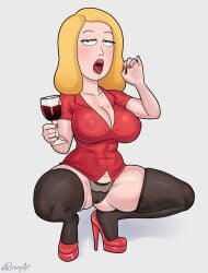 1female 1girls alcohol beth_smith big_breasts blonde_hair blue_eyes drunk female female_only high_heels huge_breasts light-skinned_female lingerie mature_female milf nipple_bulge obscene_gesture platform_heels rick_and_morty rocner solo solo_female spread_legs squatting stockings tagme thighhighs voluptuous