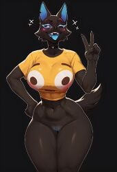 1girls 2024 2024s 5_fingers absurd_res ai_generated anthro belly_button big_breasts biped black_background black_body black_choker black_claws black_fur blue_inner_ear blue_pussy blue_sclera blue_tongue blush breasts canid canine canis cheek_tuft choker claws director_joe420 emoji epic_games female female_focus female_only flushed_emoji_shirt fortnite fortnite:_battle_royale fur furry furry_female gesture hand_on_hip highwire_(fortnite) jewelry mammal meme narrowed_eyes navel pack_leader_highwire pink_eyes pony_diffusion_(model) pony_diffusion_xl pussy solo tail teeth thick_thighs thighs tongue tongue_out v_sign wide_hips wink wolf wolf_ears wolf_girl wolf_humanoid wolf_tail yellow_shirt