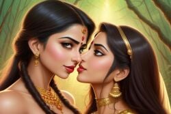 2girls ai_generated bare_shoulders bindi black_hair brown_hair earrings face_focus imminent_kiss indian indian_clothes indian_female jewelry kissing light-skinned_female light_skin looking_at_viewer necklace red_lips red_lipstick rosy_cheeks yuri