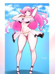 alternate_costume bare_arms bare_legs bare_midriff bikini black_bikini black_swimsuit braid breasts cleavage fire_emblem fire_emblem_awakening fire_emblem_heroes full_body high_heels jaxartdump large_breasts legs looking_at_viewer midriff navel nintendo official_alternate_costume olivia_(fire_emblem) olivia_(summer)_(fire_emblem) pink_bikini pink_eyes pink_hair pink_swimsuit ponytail swimsuit twin_braids white_bikini white_swimsuit