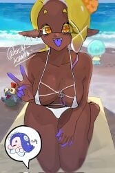 beach big_breasts big_forehead bikini dark-skinned_female dark_skin ear_piercing frye_(splatoon) frye_onaga huge_breasts micro_bikini peace_sign splatoon splatoon_(series) splatoon_3 star_eyes sweat tentacle_hair yellow_eyes yuri