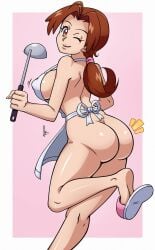 1girls apron ass breasts brown_eyes brown_hair delia_ketchum_(pokemon) dmy-gfx holding_ladle ladle large_breasts looking_at_viewer milf naked_apron nintendo pokemon ponytail slippers