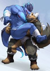 2boys anthro_only bara blue_fur blush bulge bulge_press bulges_touching couple dog_boy dragon_boy dutch_angle fluffels19 fundoshi furry furry_male furry_with_furry gay grin japanese_clothes large_pectorals lifting_person male_focus mature_male multiple_boys muscular muscular_male original pectorals short_hair shy smile standing sweat tail thick_eyebrows undressing_another very_sweaty wet wet_clothes wet_fundoshi