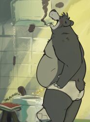 1boy 2024 anthro anthro_only baloo bathroom bear blush blush_lines cigarette closed_eyes clothed clothing furry furry_only haps hi_res male mammal nipples no_humans open_mouth open_smile overweight overweight_anthro overweight_male peeing sloth_bear smile smoke smoking smoking_cigarette solo standing the_jungle_book toilet underwear underwear_only ursine