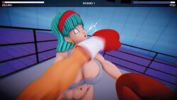 1boy 1girls 3d 3d_(artwork) big_breasts boxing boxing_gloves boxing_ring breasts bulma_briefs cleavage cyan_hair devastating_blown dragon_ball dragon_ball_z eyes_rolled_back female female/male female_focus fighting_ring gameplay_mechanics gloves hairband health_bar hud huge_breasts indoors large_breasts light-skinned_female light-skinned_male light_skin lips lipstick male male/female male_pov milf mixed_boxing pov pov_boxing punch punching punching_face red_boxing_gloves red_gloves red_lipstick ryona short_hair sports_bra sports_panties ultimabox vs wide_hips