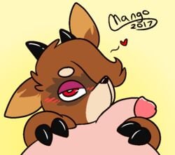 2017 anthro bite_(character) blush brown_fur cervine claws deer flaccid flat_colors fur half-closed_eyes heart hooves horn human human_on_anthro humanoid_penis interspecies ltcabbitsu mammal oral penis red_eyes signature simple_background