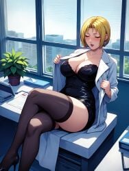 1girls ai_generated bible_black big_breasts blonde_hair blush bob_cut breasts city_background cleavage closed_eyes coat cross_earrings crossed_legs curvaceous curvy curvy_female curvy_figure desk dress earrings enigmata female female_only heat heels hi_res high_heels horny horny_female hourglass_figure huge_breasts indoors kitami_reika labcoat large_breasts makeup mature mature_female milf office office_lady parted_lips pinup revealing_clothes short_hair sitting sitting_on_desk skimpy skimpy_clothes smile solo stockings taking_clothes_off thick_thighs thighs undressing voluptuous wide_hips window