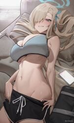 1girls ass_peek asuna_(blue_archive) big_breasts blonde_hair blue_archive blue_eyes breasts chilakkk cleavage dolphin_shorts female gym_shorts hair_covering_eye light-skinned_female looking_at_viewer lying nail_polish navel on_back one_eye_covered revealing_clothes shorts smiling solo sports_bra underboob undressing