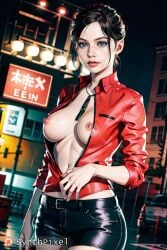 1girls ai_generated black_hair blue_eyes breasts claire_redfield detailed hi_res highres looking_at_viewer medium_breasts night nipples open_clothes outdoors resident_evil resident_evil_2 resident_evil_2_remake shorts solo synthpixel