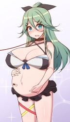 aqua_eyes big_belly bikini black_bikini black_ribbon breasts female frilled_bikini frills gigantic_breasts green_hair hair_between_eyes hair_flaps hair_ornament hair_ribbon hairclip heart heart_tattoo kantai_collection large_breasts leash long_hair navel official_alternate_costume parted_bangs ponytail pregnancy_mark pregnant ribbon solo standing stomach_tattoo swimsuit tattoo very_long_hair yamakaze_(kantai_collection) yuki_to_hana