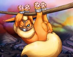 anus ass bondage bound cuff_(restraint) cuffs_(disambiguation) eeveelution feral flareon gag gagged generation_1_pokemon hi_res male muzzle_(object) nintendo paws pokemon pokemon_(species) raptorroper restraints shackles solo tribal_carry