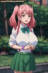 ai_generated aindroidparanoid big_breasts breasts fujinoki_nene hajimete_no_gal huge_breasts large_breasts massive_breasts miniskirt nipples outdoors park pink_hair ribbon school_uniform schoolgirl shirt short_hair skirt stable_diffusion twintails yellow_eyes