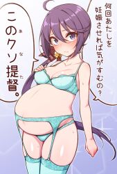 akebono_(kantai_collection) bell big_belly bra breasts female flower garter_belt green_bra green_garter_belt green_panties green_thighhighs hair_bell hair_between_eyes hair_flower hair_ornament jingle_bell kantai_collection lingerie long_hair looking_at_viewer medium_breasts panties pregnant purple_eyes purple_hair side_ponytail solo speech_bubble standing thighhighs underwear underwear_only very_long_hair yuki_to_hana