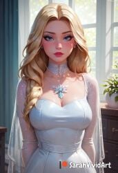 1girls ai_generated bedroom blonde_hair blush blushed clothed dress emma_frost female female female_focus indoors inside large_breasts long_hair marvel sarahvividart seductive seductive_look solo solo_focus standing white_dress white_queen x-men