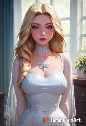 1girls ai_generated bedroom blonde_hair blush blushed clothed dress emma_frost female female_focus indoors inside large_breasts long_hair marvel marvel_comics sarahvividart seductive seductive_look solo solo_focus standing white_dress white_queen x-men