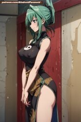 ai_generated aindroidparanoid ass ass_focus big_ass big_breasts breasts dress fat_ass from_side green_eyes green_hair hips hourglass_figure huge_breasts narrow_waist nipples ponytail shaman shaman_king short_hair slim slim_waist stable_diffusion taller_girl tao_jun tight_clothing voluptuous wide_hips