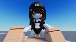 baseplate black_beanie black_bikini black_panties chibi_style cowgirl cowgirl_position dick half-dressed half_naked heart-shaped_pupils long_hair pale_skin panties penetration_through_clothes roblox robloxian