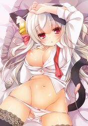 animal_ears bell blush breasts cat_ears cat_tail cat_teaser chestnut_mouth female frilled_pillow frills groin jingle_bell large_breasts lying mouse navel nipples on_back original panties panty_pull pillow red_eyes rinka_(yuyutei) silver_hair solo tail thighhighs underwear white_hair