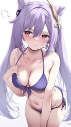 1girls ai_generated bikini blush breasts cleavage double_bun embarrassed genshin_impact keqing_(genshin_impact) medium_breasts purple_eyes purple_hair solo sweat twintails