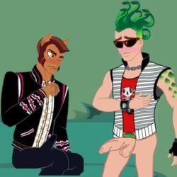 2boys black_cock boner boner_in_pants clawd_wolf cum_in_pants deuce_gorgon gay green_hair lad male_only monster_boy monster_high pubic_hair screencap screenshot screenshot_edit self_upload sensua_arts skinny snake teasing toony wink wolf wolf_ears