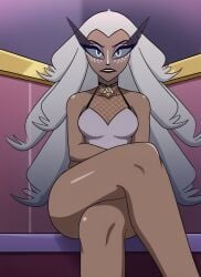 ai_generated ends34 hazbin_hotel legs_crossed long_hair medium_breasts milf queen sera_(hazbin_hotel) sitting white_hair