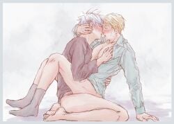 2boys blush gay jujutsu_kaisen kento_nanami kissing male male/male male_only partially_clothed satoru_gojo socks yaoi