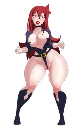 belt big_breasts big_breasts big_breasts boots breast chariot_du_nord cleavage cleavage_window clothed excited inkrait leotard lips lipstick little_witch_academia long_hair milf red_eyes red_hair teeth thick_legs thick_thighs thong_leotard vagina voluptuous_female