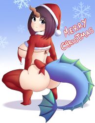 almost_naked ass ass_focus back back_view big_ass big_breasts black_hair blue_eyes breasts christmas christmas_outfit dat_ass dragon_girl dragon_horns dragon_tail elma_(dragon_maid) kobayashi-san_chi_no_maidragon konanexe legwear miss_kobayashi's_dragon_maid purple_hair revealing_clothes ribbon short_hair sideboob squatting thick thick_thighs thighhighs thighs two_tone_hair wide_hips