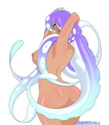 2020 2d 2d_(artwork) ass back_turned breasts breasts_out bubble_butt female kandiibox looking_at_viewer nipples nude nude_female octoling_girl original_character sideboob solo splatoon splatoon_(series) standing tanned_skin tentacle_hair yellow_eyes