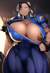 ai_generated big_breasts big_nipples breasts bursting_breasts chun-li expressionless gigantic_breasts gloopai looking_at_viewer nai_diffusion nipple_bulge nipple_slip nipples steam steaming_body street_fighter sweat uninterested