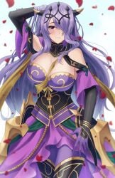 1girls alternate_costume armor armored_dress blush breasts camilla_(alluring_darkness)_(fire_emblem) camilla_(fire_emblem) cleavage detached_collar detached_sleeves doiparuni dress fake_horns female female female_only fire_emblem fire_emblem_fates fire_emblem_heroes gloves hair_over_one_eye highres horned_headwear horns looking_at_viewer nintendo official_alternate_costume pantyhose parted_lips petals purple_gloves purple_hair purple_pantyhose shawl solo thighhighs tiara