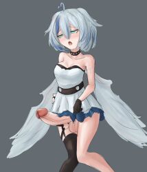 1futa 2023 ahoge amano_serafi angel angel_girl angel_wings black_clothing black_gloves black_handwear black_legwear blue_clothing blue_dress blue_eyes blue_hair bunnyfaqer clothing dress erection futanari gloves handwear large_balls large_breasts large_penis legwear light-skinned_futanari light_skin mostly_clothed multicolored_hair neckwear open_mouth simple_background solo solstice_(v&u) teeth thick_penis tongue virtual_and_universe_(v&u) virtual_youtuber vtuber white_hair wings