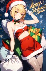 ai_generated bleach blonde_hair breasts christmas christmas_outfit cleavage female girl gloves hat liltotto_lamperd merry_christmas midriff navel pantyhose petite sack santa santa_costume santa_hat short_hair skirt small_breasts solo stable_diffusion thighhighs unstable_diffusion yellow_eyes young