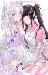 2girls angel_wings apron black_hair blue_eyes breasts collar demon_wings detached_sleeves ear_piercing earrings eliza_(unxi) garter_straps hair_ornament hair_ribbon halo heterochromia holding_leash large_breasts leash looking_at_viewer maid maid_apron maid_uniform mole mole_on_breast original pink_eyes purple_eyes symbol-shaped_pupils thighhighs twintails unxi vega_(unxi) white_hair wings