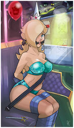 1girls abducted arms_behind_back ass background_character big_ass blonde_hair bondage bound bound_arms bound_legs bowser_logo breasts cleavage cleave_gag cloth_gag crown falsealias female female_only femsub gag gagged indoors kidnapped large_ass long_hair luigi mario mario_(series) nintendo one_eye_covered princess_rosalina restrained sitting solo super_mario_bros. sweat tape tape_bondage taped_arms taped_hands taped_legs toad underwear wand