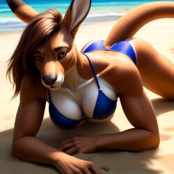 1girls 4k ai_generated backdrop beach bending bikini camera elbows exotic facial female female_only kangaroo knees lying monokini paws pose realistic resting solo swimsuit tail thick thin vinyl wet