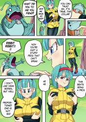 1boy 1girls axlexcima blue_eyes body_swap breast_hold bulma_briefs bulma_briefs_(frieza_saga) busty captain_ginyu comic dragon_ball dragon_ball_z english_text grabbing_own_breast huge_breasts namek page_16 speech_bubble third-party_edit turquoise_hair