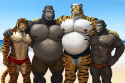 abs age_difference anthro ape beach beard clothing dream_and_nightmare duo eyewear facial_hair family father_(lore) father_and_child_(lore) father_and_son_(lore) felid fur glasses gorilla grey_body haplorhine hi_res male mammal musclegut muscular muscular_anthro muscular_male nipples pantherine parent_(lore) parent_and_child_(lore) parent_and_son_(lore) pecs primate seaside slightly_chubby son_(lore) speedo stripes swimwear tiger yellow_body yellow_fur